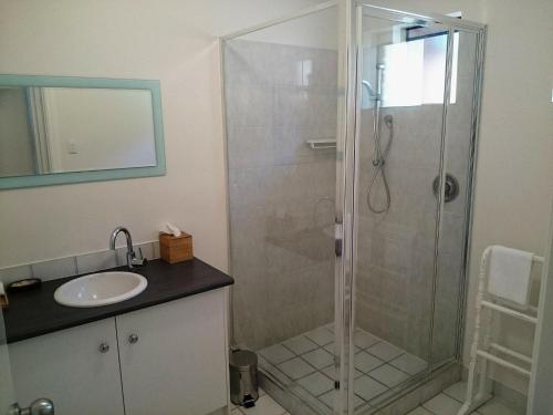 a bathroom with a shower and a sink at Beachside Apartment in Albany