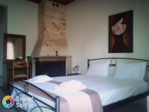 a bedroom with a large bed with a fireplace at Guesthouse Adonis in Kato Loutraki