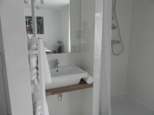 La salle de bains blanche est pourvue d'un lavabo et d'un miroir. dans l'établissement Hotel - Restaurant Uit De Kunst, à Vijlen