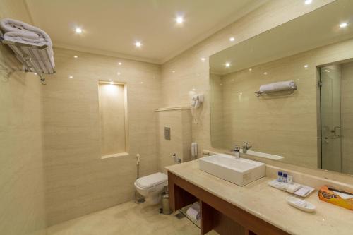 a bathroom with a sink and a toilet and a mirror at Hotel Madhuban in Dehradun