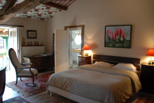 a bedroom with a bed and a desk and a chair at Chez Jacotte et Elia in Saint-Galmier
