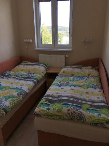 two beds sitting in a room with a window at PENZION HNAČOV in Zavlekov