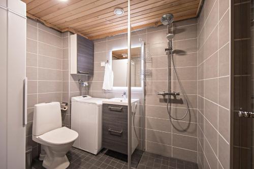 a bathroom with a toilet and a sink and a shower at UnelmaKelo in Ruka