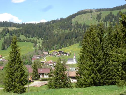 a small village in the mountains with a church at Auf der Sonnenseite in Schattwald