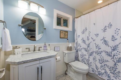 a bathroom with a toilet and a sink and a mirror at Agape Cottage in Fredericksburg