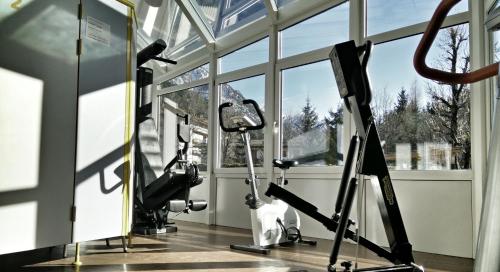 a gym with cardio equipment in a room with a window at Hotel Union in Dobbiaco
