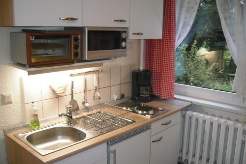 Una pequeña cocina con fregadero y microondas. en Ferienwohnung an der Brockenbahn, en Wernigerode