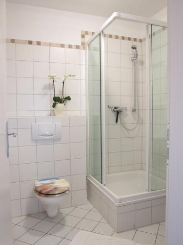 La salle de bains est pourvue d'une douche, de toilettes et d'un lavabo. dans l'établissement Haus Vineta, à Thiessow