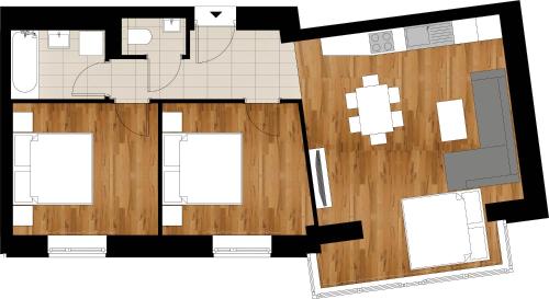 een plattegrond van een klein appartement met een kamer bij Betariel Apartments S22 in Wenen