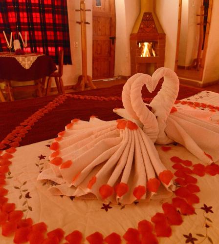 a cake shaped like a swan on a table at Hotel Spa Casa de Adobe Villa de Leyva in Villa de Leyva