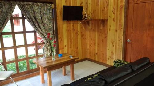a living room with a couch and a table at Cabañas Tornagaleones Villarrica in Villarrica
