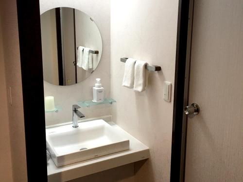 a bathroom with a white sink and a mirror at Hotel Green Plaza Hakone in Hakone