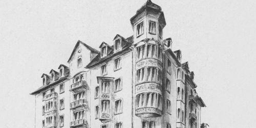 a black and white drawing of a building with a tower at Hotel Drei Könige Luzern in Lucerne