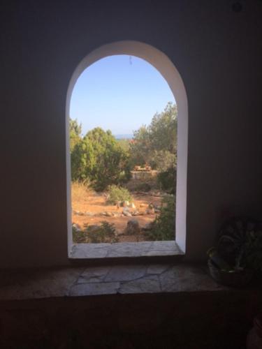 an arched window with a view of a field at Aiolos in Skala