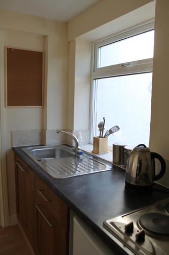 eine Küchentheke mit einem Waschbecken und einem Fenster in der Unterkunft Hawthorn House in Immingham