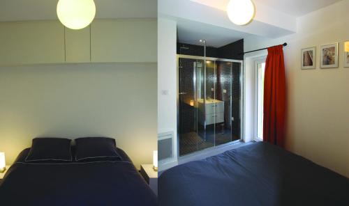 オータンにあるLe Petit St Lazareのベッドルーム1室(ベッド1台付)、窓、バスルームが備わります。
