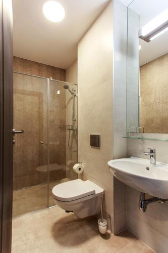 a bathroom with a toilet and a sink and a shower at Old Town Trio Apartments in Vilnius