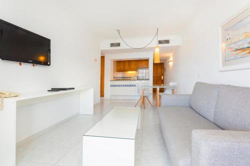 a living room with a couch and a tv at Aparthotel Duquesa Playa in Santa Eularia des Riu