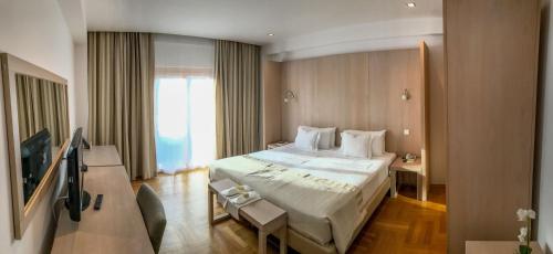 サトゥ・マーレにあるHotel Satu Mare Cityの大型ベッドとテレビが備わるホテルルームです。