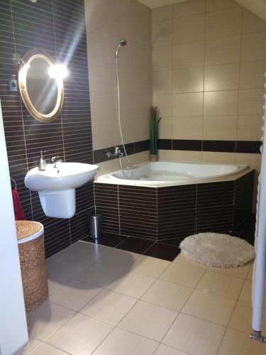 a bathroom with a bath tub and a sink at Korona Apartman in Kaposvár