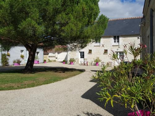 una casa de piedra con un árbol y una entrada en chambres des rosiers en Sennevières