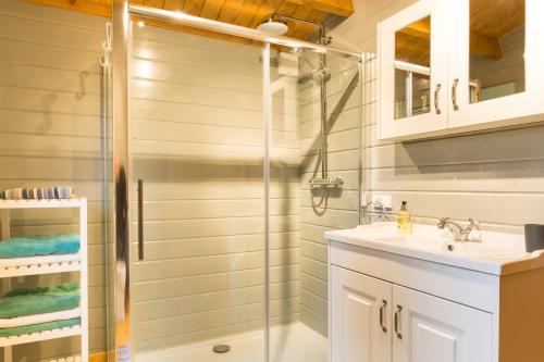 a bathroom with a shower and a sink at Oakbank Farm in Lamlash