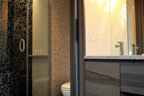 a bathroom with a toilet and a sink and a shower at Carnegie Hotel in New York