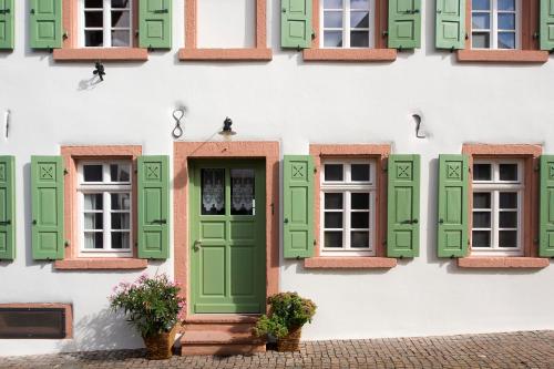 a facade of a building with green and white windows at Burggarten Appartements Neuleiningen in Neuleiningen