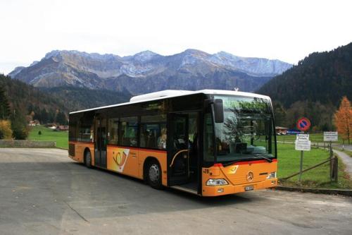an orange bus parked on the side of a road at Chalet Murmeli in Eigenthal