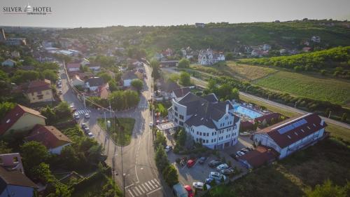 an aerial view of a town with a large house at Silver Hotel in Oradea
