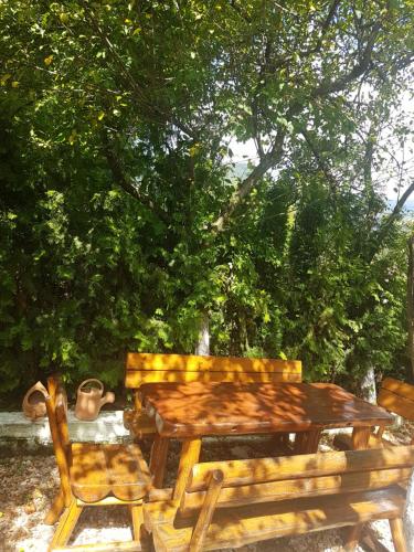 a wooden table and a bench next to a tree at Residence SINAIA Apartments in Sinaia