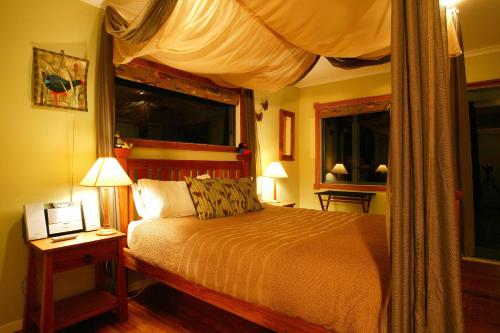 a bedroom with a bed with a canopy and two windows at Abseil Inn in Waitomo Caves