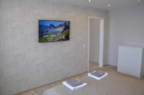 カリーニングラードにあるАпартаменты на нижнем озереのベッド2台と壁掛けテレビが備わる客室です。