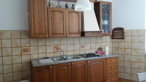 a kitchen with wooden cabinets and a sink at Appartamento Isabella in Pistoia