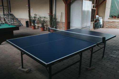 una mesa de ping pong azul en una habitación en SZÉP KERT VENDÉGHÁZ en Szekszárd