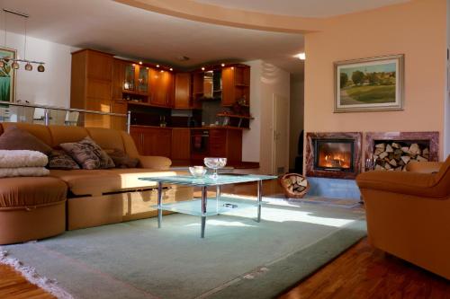 ein Wohnzimmer mit einem Sofa, einem Tisch und einem Kamin in der Unterkunft Cosy apartment in Kranjska Gora