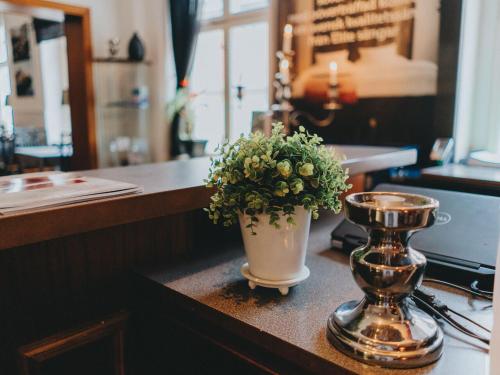 Una mesa con un jarrón con una planta. en Arboga Stadshotell en Arboga