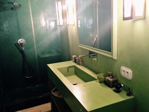a green bathroom with a sink and a shower at Maison RR in Saint-Tropez
