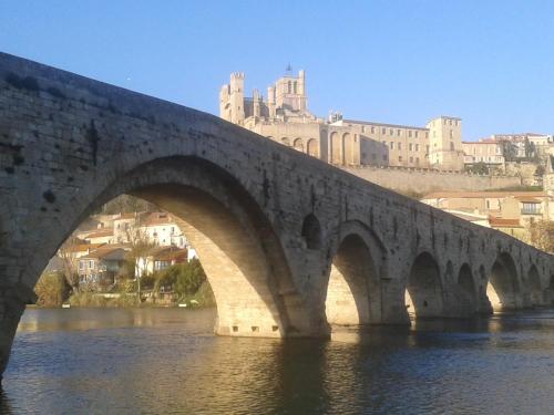 a stone bridge over a river with a castle in the background at Venez Rêver Béziers CENTRE et GARE il y a plus cher mais c est moins bien in Béziers