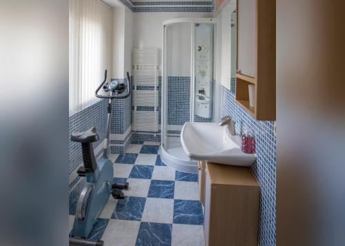 y baño azul y blanco con lavabo y ducha. en La Alberca, en Palencia