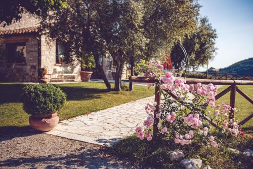 a garden with pink flowers and a fence at Agriturismo Casal San Sergio in Fossombrone