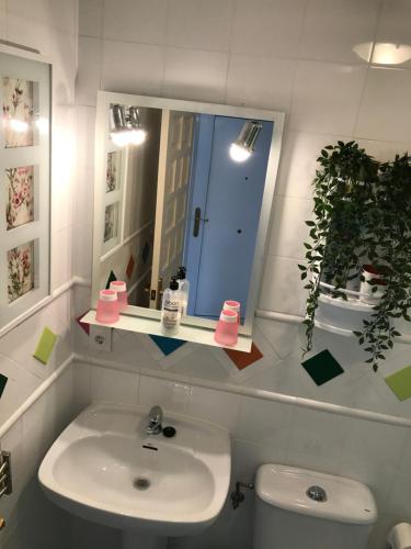 ein Badezimmer mit einem Waschbecken, einem Spiegel und einem WC in der Unterkunft Oasis Paradise in Denia