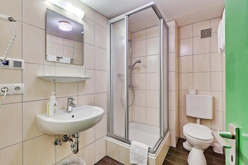 a bathroom with a shower and a sink and a toilet at Hotel Alt Bamberg in Bamberg