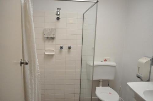 a bathroom with a shower with a toilet and a sink at Albury Burvale Motor Inn in Albury
