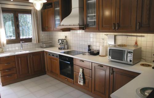 a kitchen with wooden cabinets and a microwave at Villa Markos in Roitika