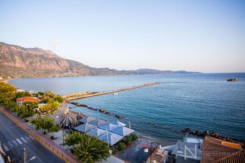 an aerial view of a beach next to the water at DN Sea Apartments in Kalamata