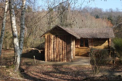 a log cabin with a thatch roof in the woods at Le Coeur De La Foret in Pierrefonds