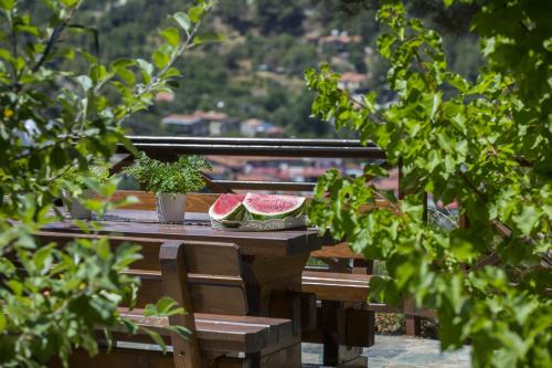 a wooden table with two slices of watermelon on it at Ricky Chalet Near Troodos in Spilia