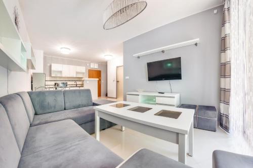 a living room with a couch and a tv at Dwie Sosny z sauną, Sun & Snow in Ustronie Morskie
