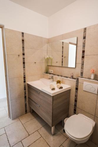 une salle de bain avec toilettes, lavabo et miroir dans l'établissement Campagne Cérès, à Le Puy-Sainte-Réparade